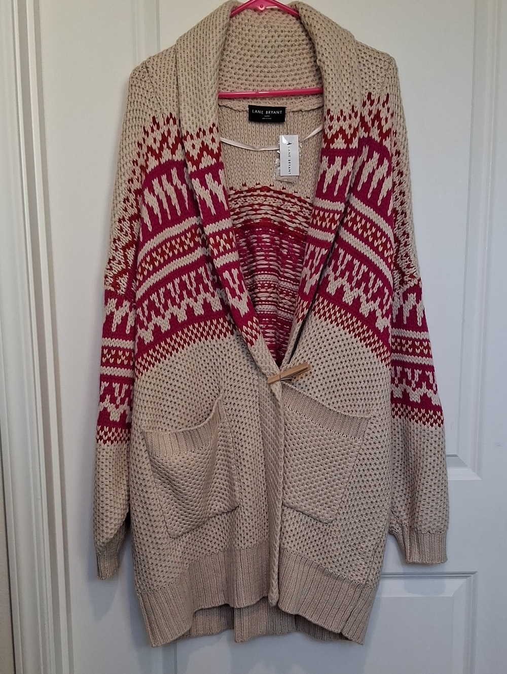 Lane Bryant Cream and Pink Fair Isle Shawl Collar Cardigan